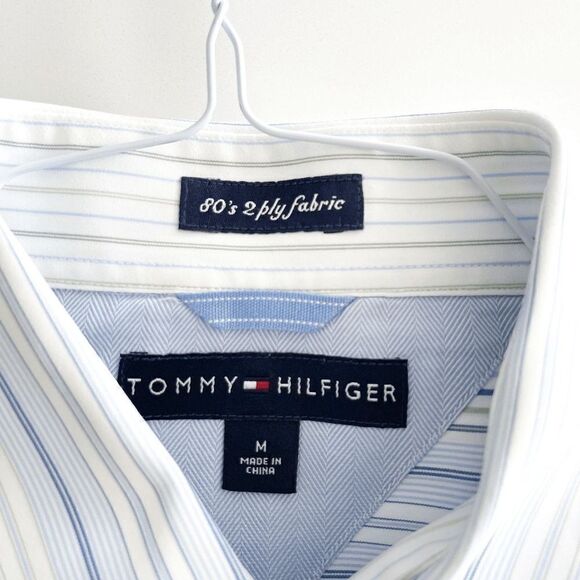 Tommy Hilfiger Men 80s 2 Ply Fabric Button Down Long Sleeve Stripes Blue White M - Picture 4 of 8